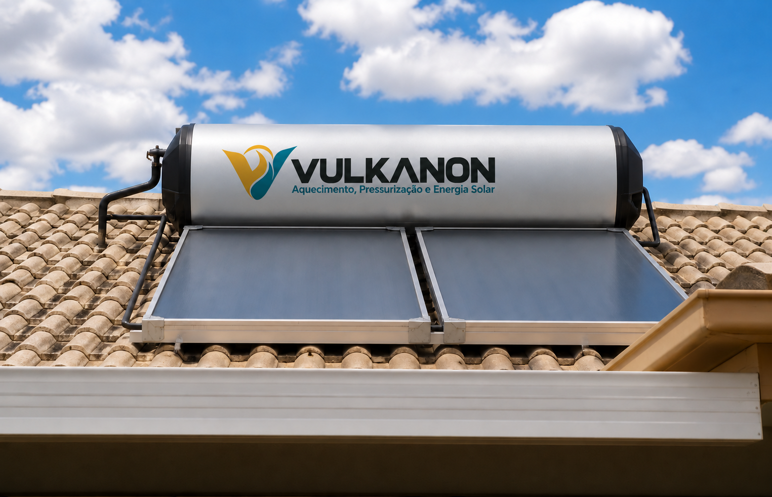 Sistema ilustrativo VULKANON com boiler e coletores solares instalado em telhado residencial